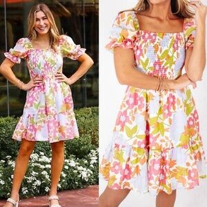 J. Marie Ava Mae Floral Square Neck Ruched Tiered Dress 70’s Boho Sz XS